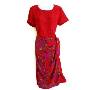 Vintage Dress Red Faux Wrap Ruched Hip Red Pink Zip Back Slit Shoulder Pads 16